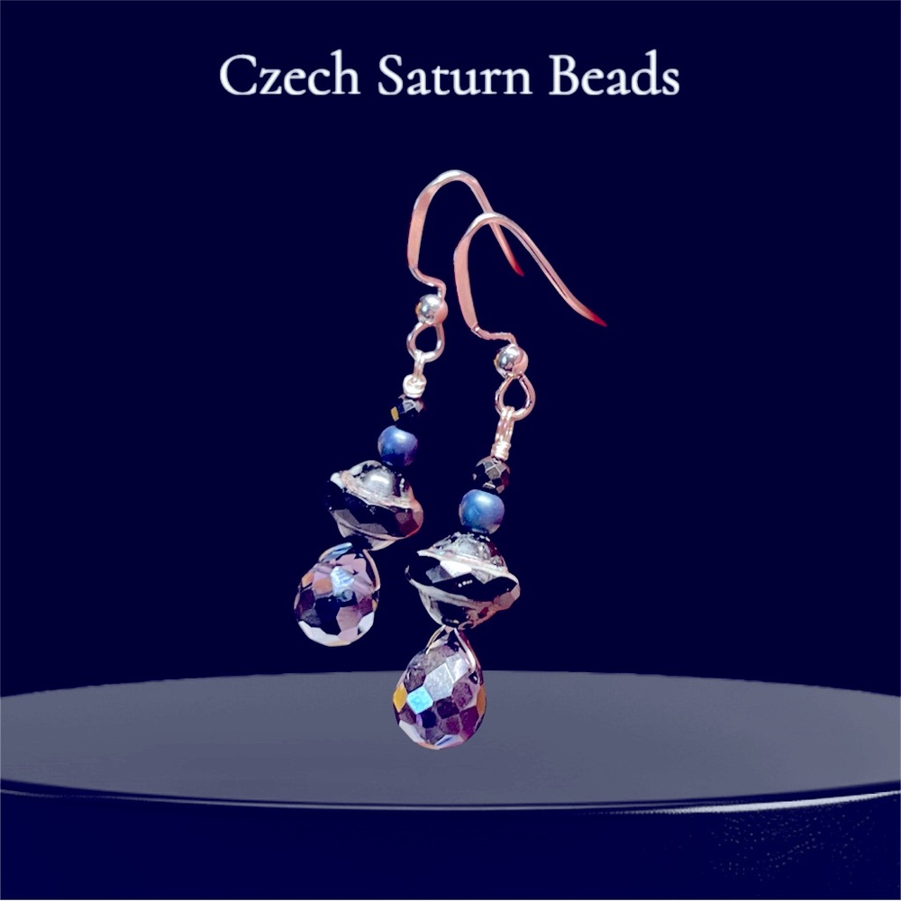 💙🦋Amazing Black Saturn/Picasso bead imported from Czechoslovakia/Crystal earring